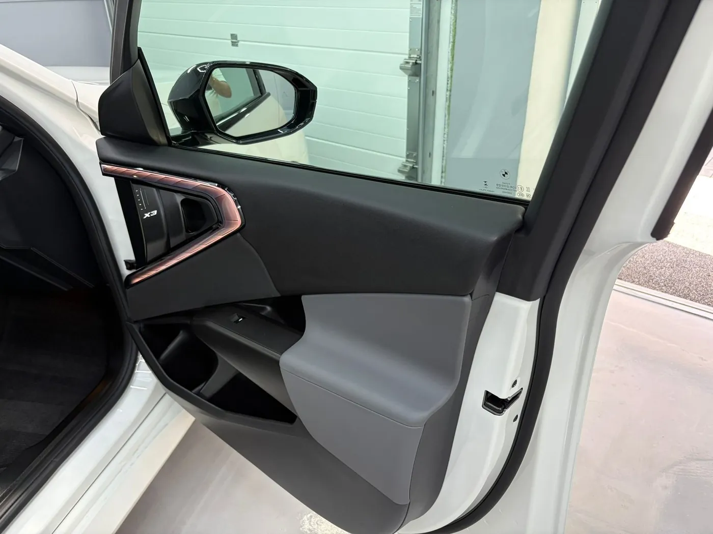 Detail výplne dverí BMW X3 s ružovozlatou lištou po precíznom čistení interiéru — RH Detailing